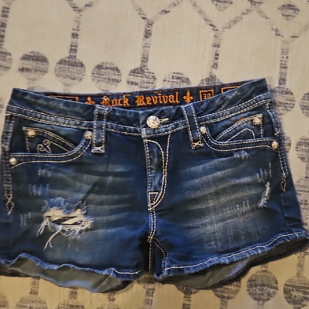 Rock Revival Blue Denim 'Sasha' Shorts with White Stitching